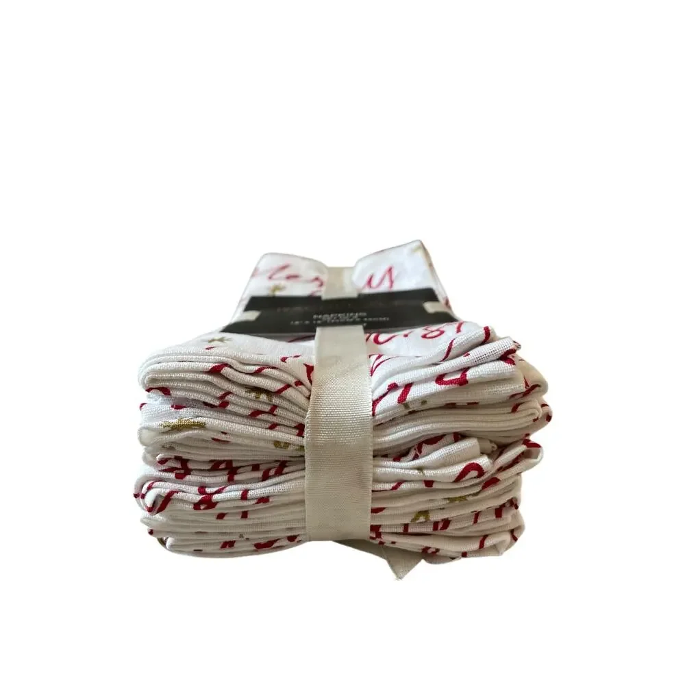 8pc Rachel Zoe Merry Christmas Script Cotton Napkins 18x18 Red Cream Holiday New
